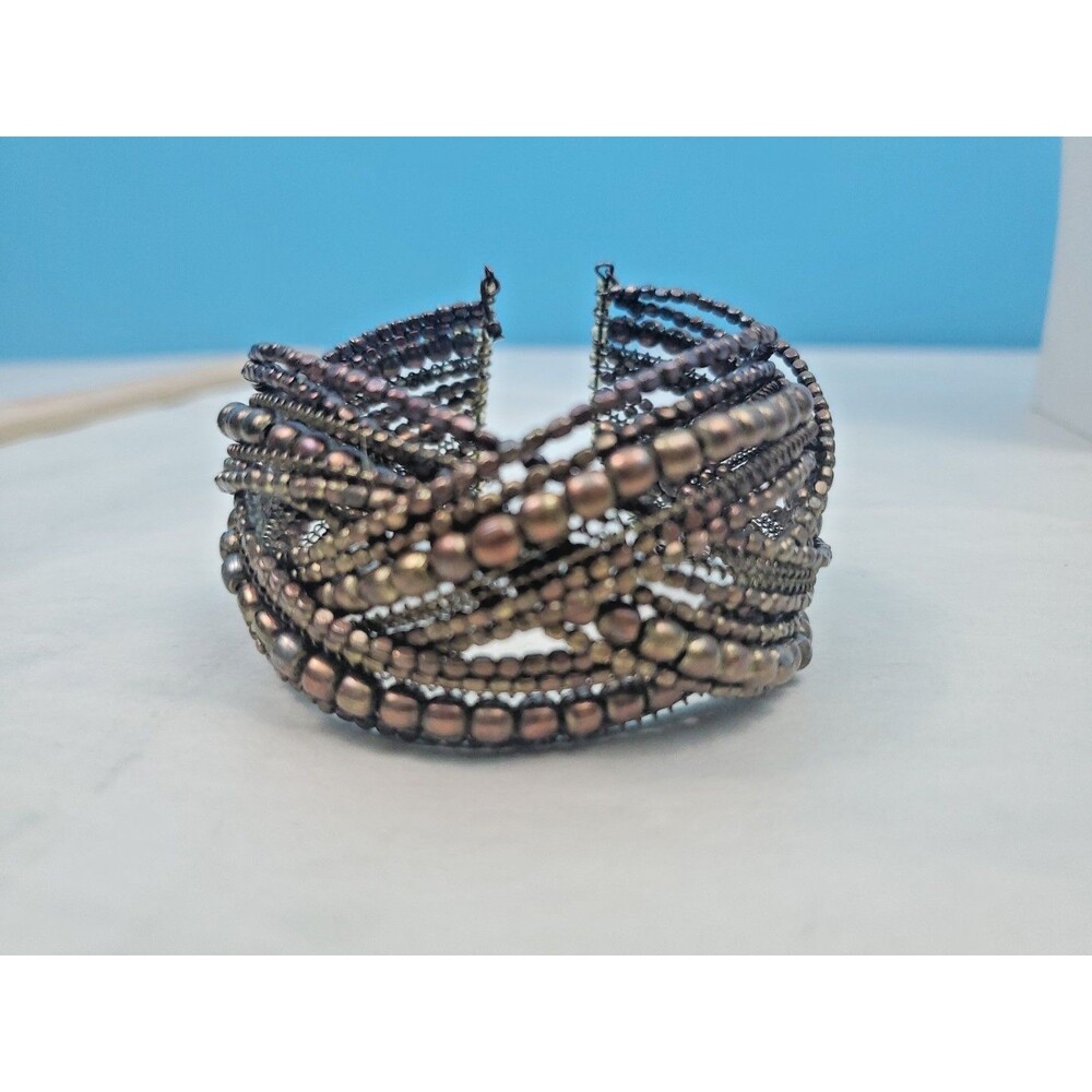 Chunky Multi Strand Beaded Cuff Bracelet Braided Copper Brass Statement Boho...